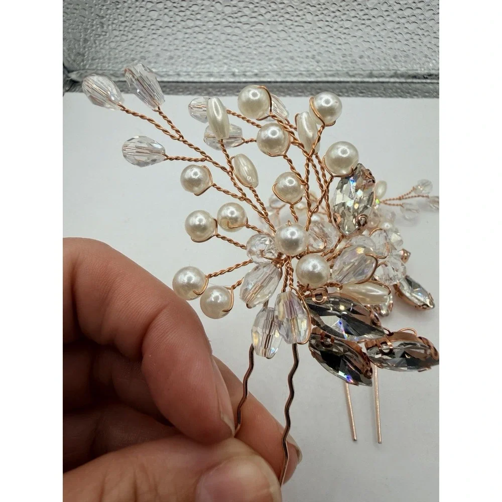 Set of 2 Rose Gold Tone Faux Pearl and Crystal Bridal Hair Pins Wedding Acc
